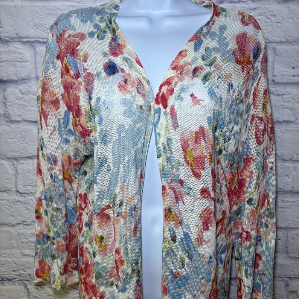 J JILL Linen Blend Watercolor Floral Print Duster Cardigan Sweater Colorful Sz M